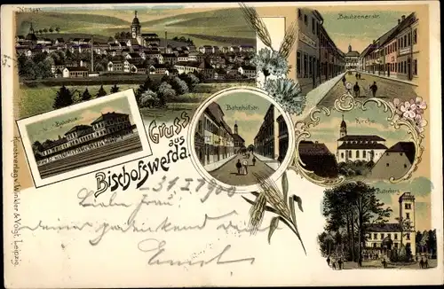 Litho Bischofswerda in Sachsen, Gesamtansicht, Bahnhof, Bautzener Straße, Kirche, Butterberg