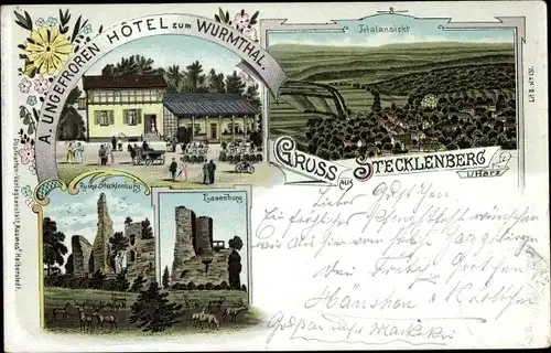 Litho Stecklenberg Thale im Harz, Hotel zum Wurmthal, Ruine Stecklenburg, Lauenburg