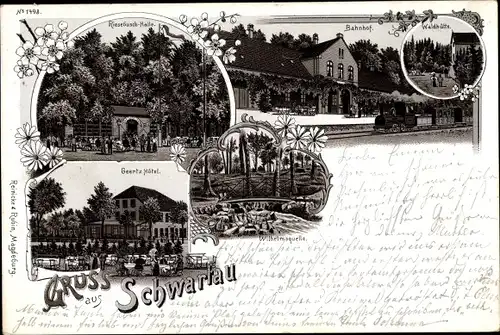 Litho Bad Schwartau in Holstein, Riesebusch Halle, Bahnhof, Waldhütte, Geertz Hotel, Wilhelmsquelle