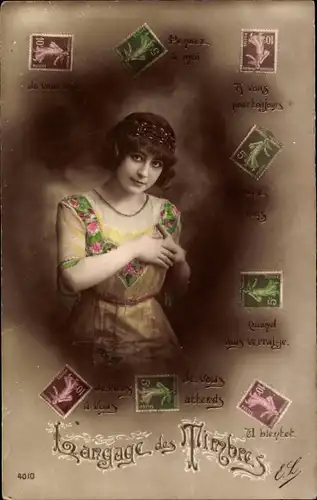 Ak Briefmarkensprache, Frauenportrait