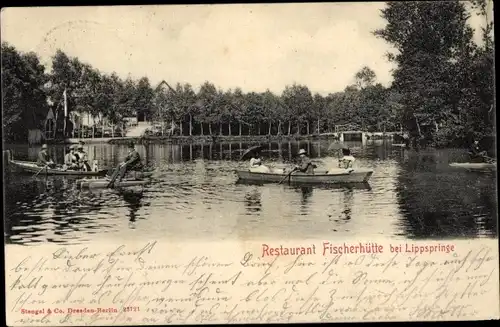 Ak Bad Lippspringe in Westfalen, Restaurant Fischerhütte, Ruderboote, Tretboot