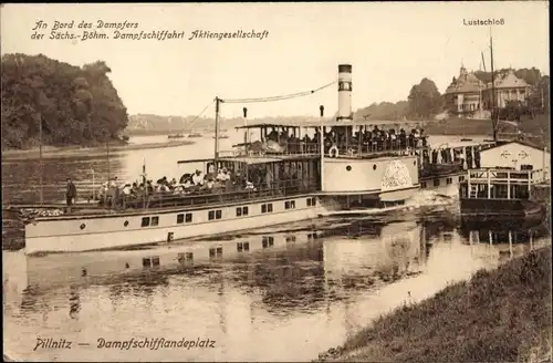Ak Dresden Nordost Pillnitz, Dampfschiffanlegeplatz, Elbdampfer am Lustschloss