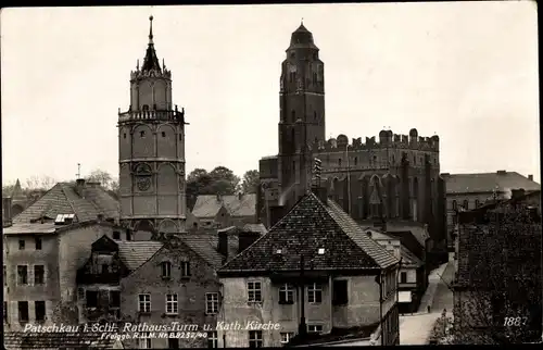 Ak Paczków Patschkau Oberschlesien, Rathausturm, katholische Kirche