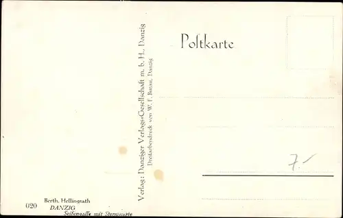 Künstler Ak Hellingrath, Berth., Gdańsk Danzig, Seifengasse mit Sternwarte