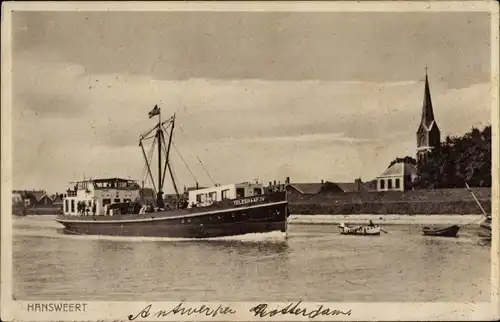 Ak Hansweerd Hansweert Zeeland Niederlande, Frachtschiff in Fahrt