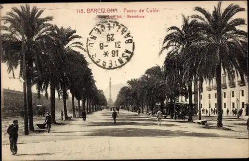 Ak Barcelona Katalonien, Paseo de Colón, Straßenpartie, Palmen, Denkmal