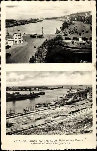 Ak Boulogne sur Mer Pas de Calais, Hafen und Kais vor und nach dem Krieg