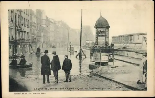 Postkarte Paris VI, Quai des Grands Augustins, Die große Seine-Flut Januar 1910