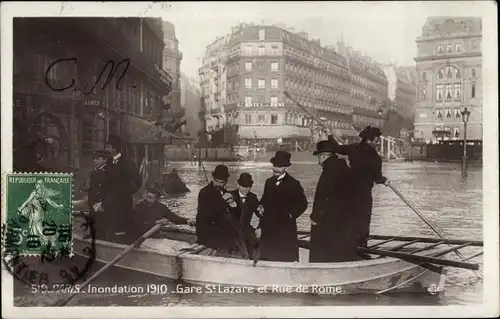 Ak Paris VIII, Gare Saint Lazare, Rue de Rome, Die Große Seine-Flut 1910