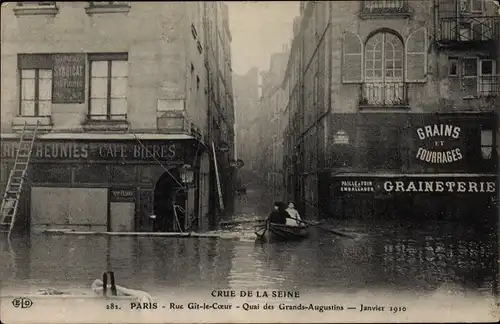 Postkarte Paris VI, Quai des Grands Augustins, Rue Gît-le-Cœur, Die große Seineflut Januar 1910