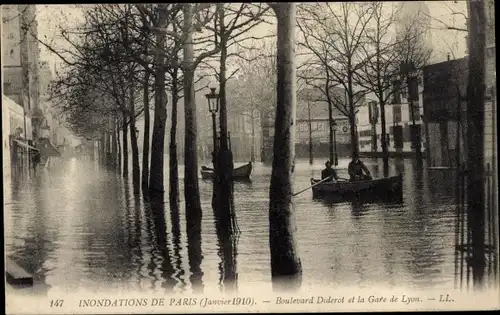 Ak Paris XII Reuilly, Boulevard Diderot, Gare de Lyon, Die Seine-Überschwemmung von 1910