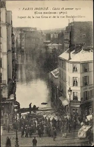 Postkarte Paris XVI Passy, Rue Gros, Rue de Boulainvilliers, Die große Seineflut Januar 1910