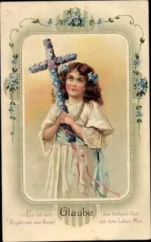 Präge Litho Allegorie, Glaube, Mädchen mit Kreuz, Vergissmeinnichtblüten