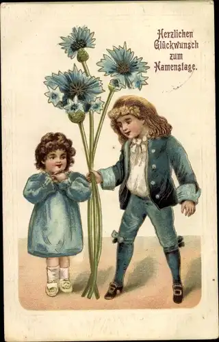 Präge Litho Glückwunsch Namenstag, Kinder, blaue Blumen, Kornblumen