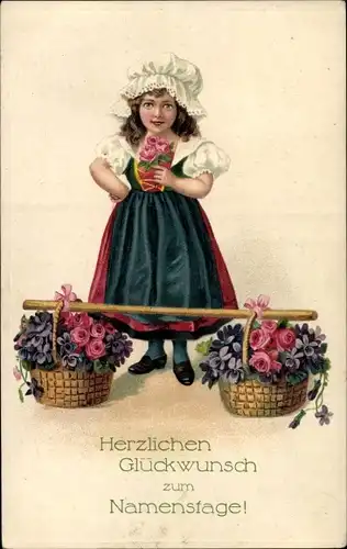 Ak Glückwunsch Namenstag, Mädchen mit Blumenkörben, Rosen, Veilchen