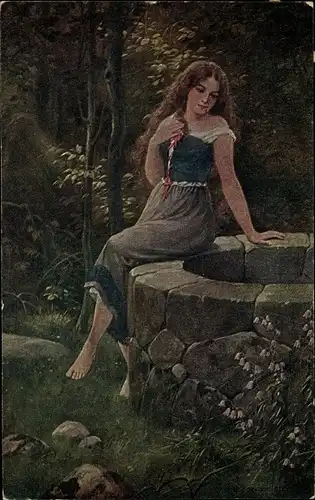 Künstler Ak Borrmeister, R., Junge Frau am Brunnen
