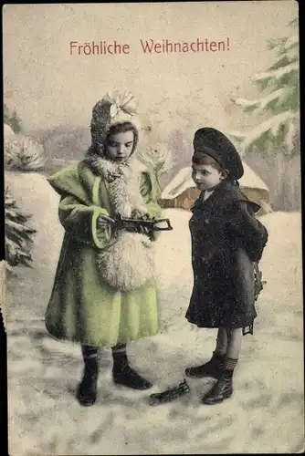 Ak Glückwunsch Weihnachten, Junge und Mädchen mit Schlittschuhen, Schnee