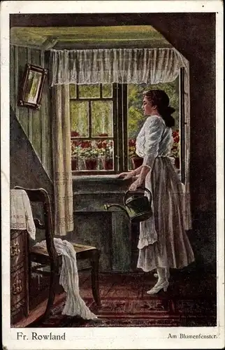 Künstler Ak Rowland, Fr., Am Blumenfenster, Frau mit Gießkanne