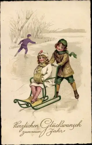 Ak Glückwunsch Neujahr, Kinder mit Schlitten beim Eislaufen