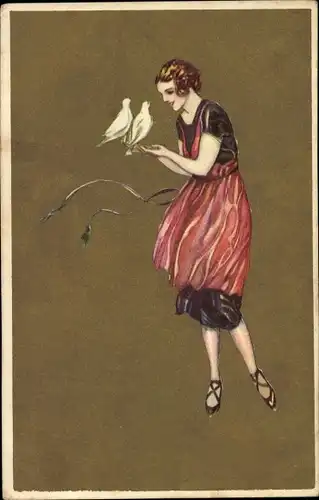 Künstler Ak Junge Frau mit zwei Tauben auf der Hand