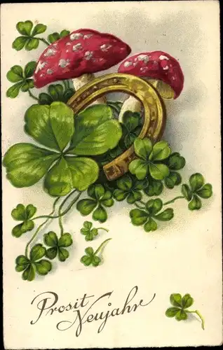 Ak Glückwunsch Neujahr, Hufeisen, Fliegenpilze, Kleeblätter