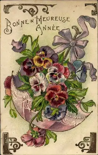 Präge Litho Glückwunsch Neujahr, Stiefmütterchen, Sonnenschirm