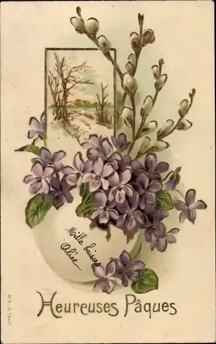 Ak Glückwunsch Ostern, Weidenkätzchen, Veilchen