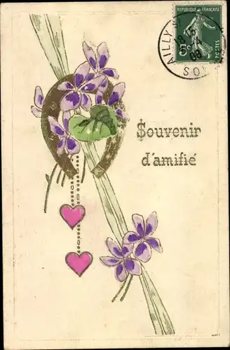 Präge Litho Kitsch, Hufeisen, lila Blüten, Herzen