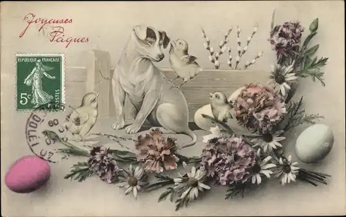 Ak Glückwunsch Ostern, Küken, Weidenkätzchen, Hund, Blumen