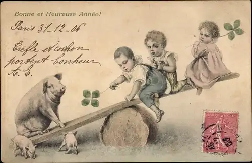 Künstler Ak Wichera, Glückwunsch Neujahr, Kinder und Schwein auf einer Wippe
