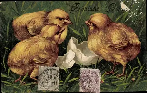 Litho Glückwunsch Ostern, Drei Küken, Eierschale