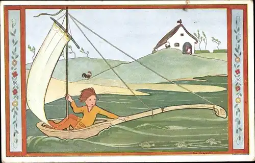 Künstler Ak Cramer, Rie, Versjes van vroeger, Kind in Holzlöffel als Segelboot