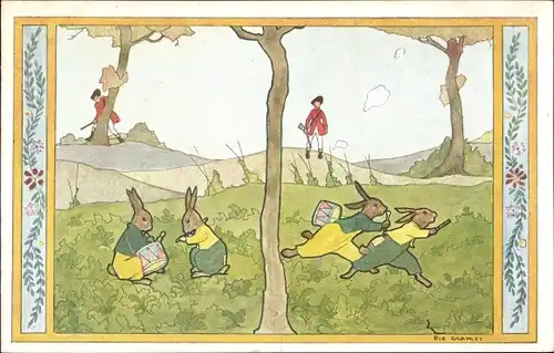 Künstler Ak Cramer, Rie, Versjes van vroeger, vermenschlichte Hasen, Jäger