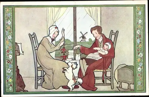 Künstler Ak Cramer, Rie, Holländische Familie, Hund macht Männchen, Windmühle