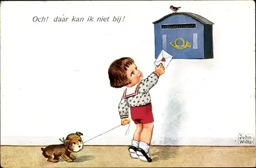 Künstler Ak Wills, John, Kind kommt nicht an Postbriefkasten heran