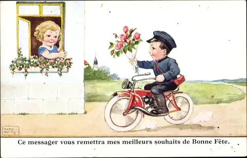 Künstler Ak Wills, John, Postbote auf Motorrad, Blumenstrauß