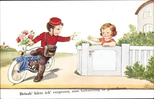 Künstler Ak Wills, John, Glückwunsch zum Geburtstag, Postbote auf Motorrad, Blumen, Brief