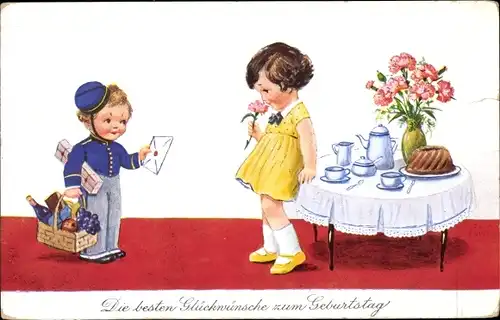 Künstler Ak Wills, John, Glückwunsch zum Geburtstag, Postbote, Geschenkkorb, Kuchentafel