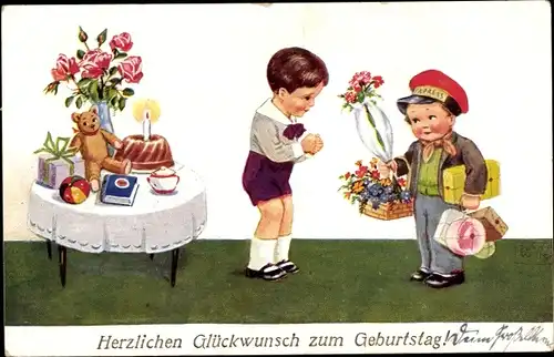 Künstler Ak Wills, John, Glückwunsch zum Geburtstag, Expressbote, Geschenke, Kuchen