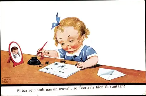 Künstler Ak Wills, John, Mädchen schreibt einen Brief, Tintenfass, Tintenflecke