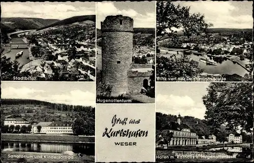 Ak Bad Karlshafen an der Weser, Hugenottenturm, Sanatorium, Kindersolbad, Hafen, Rathaus