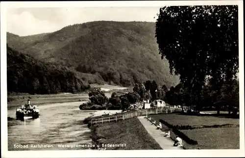 Ak Bad Karlshafen an der Weser, Weserpromenade, Badeanstalt, Schiff