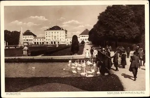Ak Nymphenburg München Bayern, Königliches Schloss Nymphenburg, Schwäne, Parkanlage