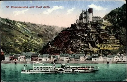 Ak Sankt Goarshausen am Rhein, Burg Katz, Dampfschiff