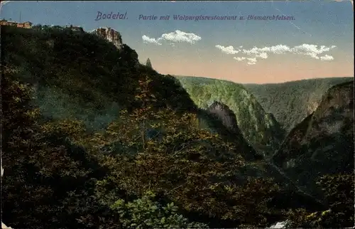 Ak Thale im Harz, Bodetal, Walpurgisrestaurant, Bismarckfelsen