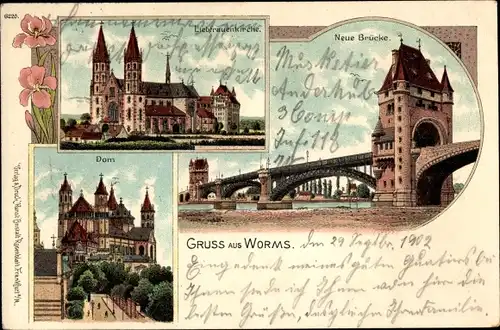 Litho Worms am Rhein, Dom, Neue Brücke, Liebfrauenkirche