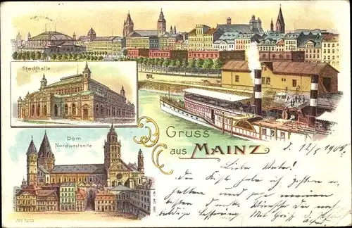 Litho Mainz am Rhein, Stadthalle, Dom, Dampfer, Teilansicht der Stadt