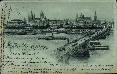 Mondschein Ak Mainz am Rhein, Brücke, Kirche, Schiffe