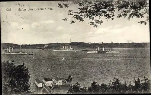 Ak Düsternbrook Kiel, Bellevue, Hafen, Kriegsschiffe