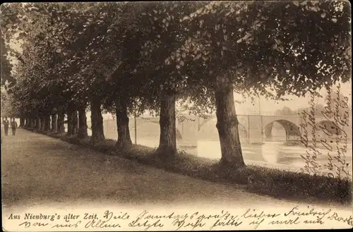 Ak Nienburg an der Weser, Teilansicht, Allee, Brücke